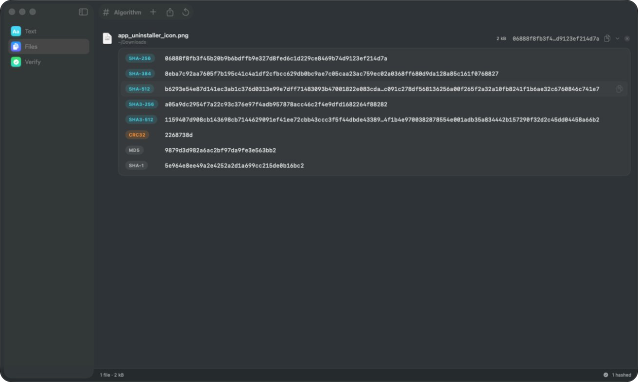 The Files tool in Rocket Hash, with one file expanded to show every algorithm