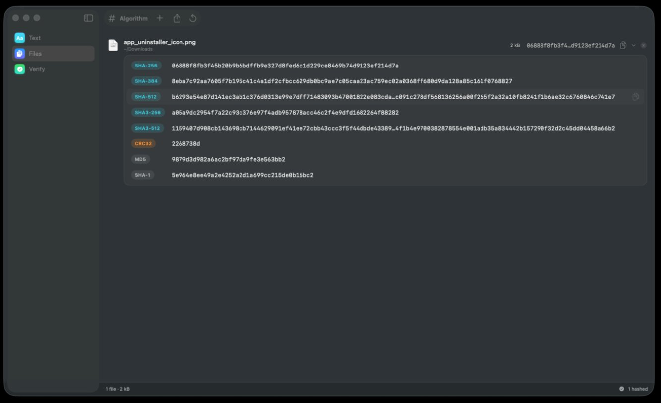 The Files tool with one file row expanded to show all eight algorithm digests, a toolbar above and a status bar below reading “1 file · 2 kB” and “✓ 1 hashed”.