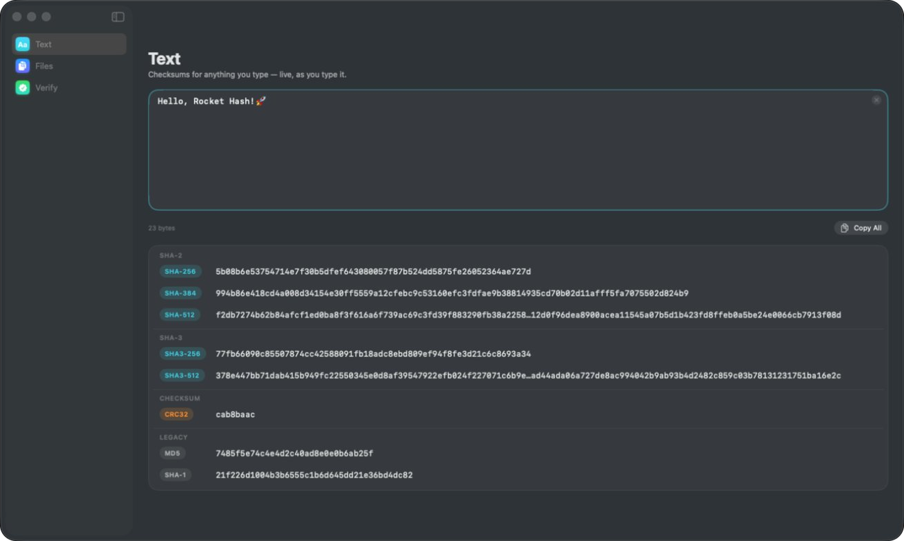 The Text tool in Rocket Hash, showing a typed sentence and all eight digests
