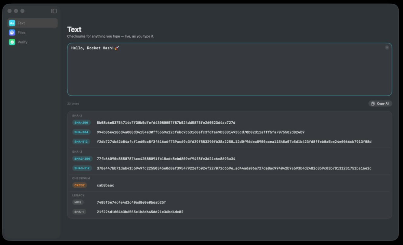 The Text tool with a sentence typed into the field, a byte count and Copy All button beneath it, and eight digests grouped under SHA-2, SHA-3, CHECKSUM and LEGACY headings.
