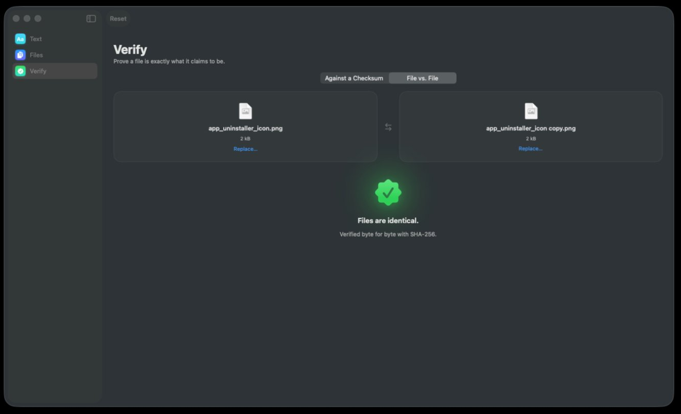 The Verify tool in File vs. File mode: two drop wells side by side with a swap control between them, and below them a green seal reading “Files are identical.”